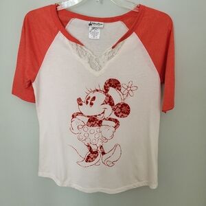 Disney Princess‎ Minnie Mouse Lace Split V Neck Raglan Girls Large Tee